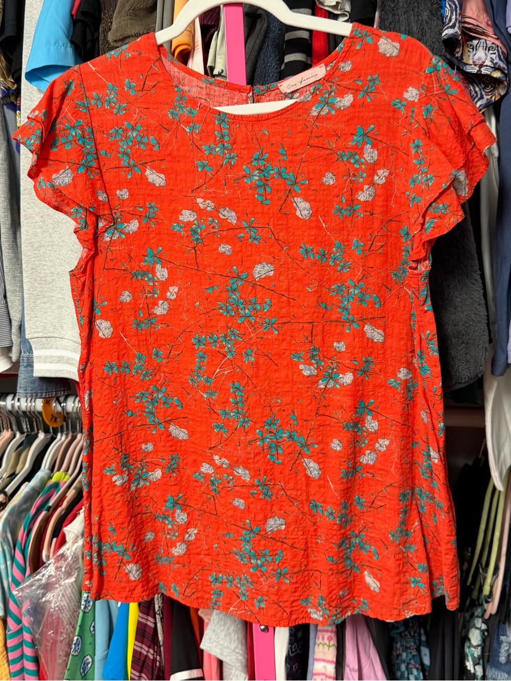 Ces Femme women’s size large flutter short sleeve blouse orange-red floral shirt